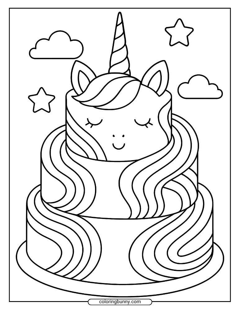 Coloring sheet showing a multi-tier unicorn cake with wavy striped patterns, a horn, clouds, and star accents.