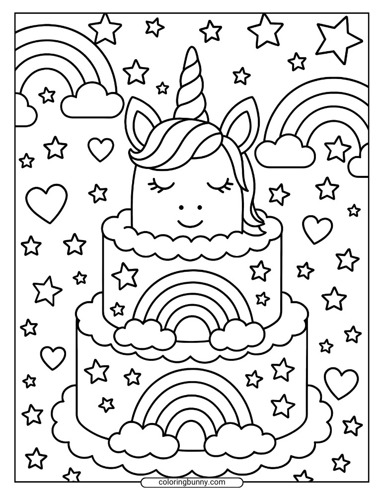 A cute unciorn coloring page for kids of a tall unicorn cake with multiple tiers, rainbow arches, clouds, and a background full of stars.