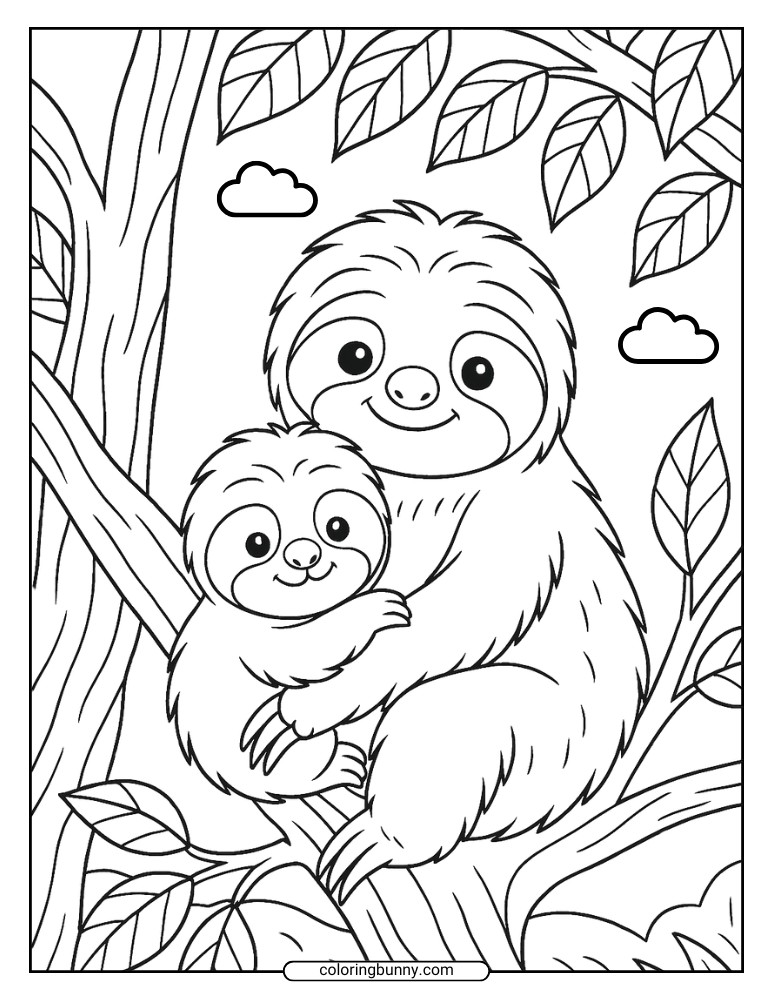 Coloring page of a mum sloth hugging her baby while sitting in a leafy tree.