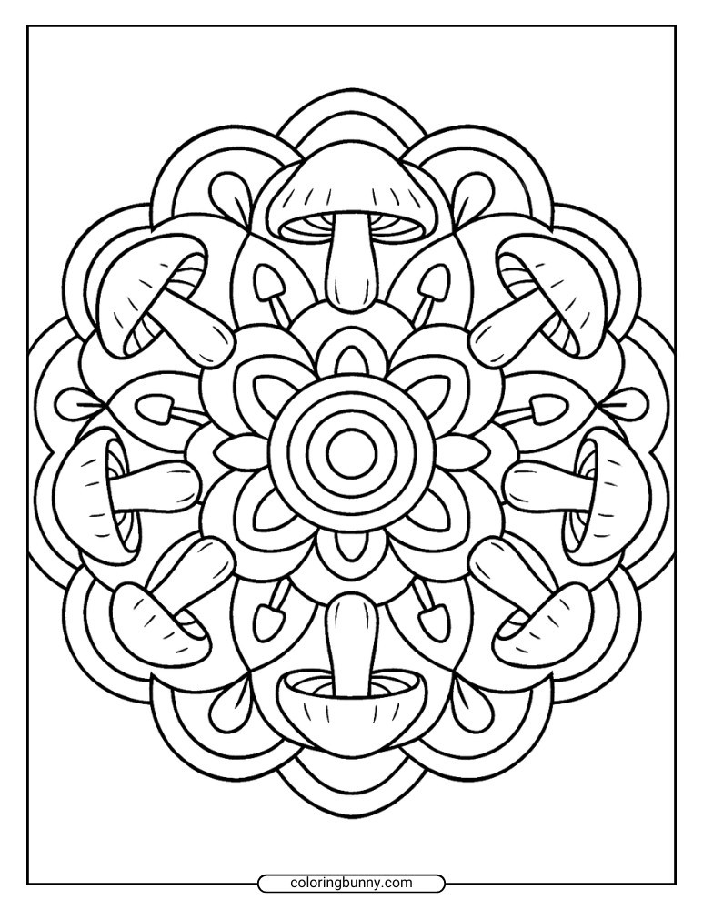 Coloring page featuring a complex mandala made from mushroom shapes and repeating floral patterns.