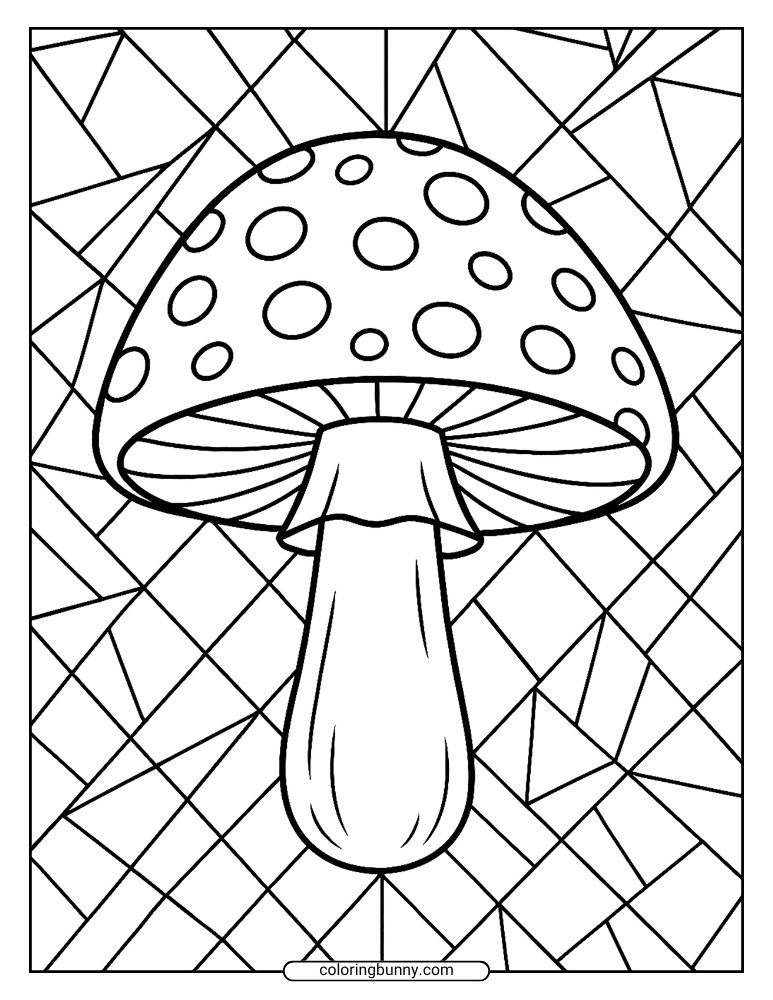 Mushroom coloring page with one big spotted mushroom in the center, placed over a background of crisscrossing triangles and lines.