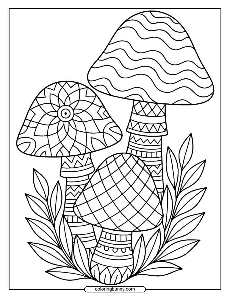 Mushroom coloring page with three patterned mushrooms surrounded by leaves, each mushroom cap decorated with swirls, zigzags, and mandalas.