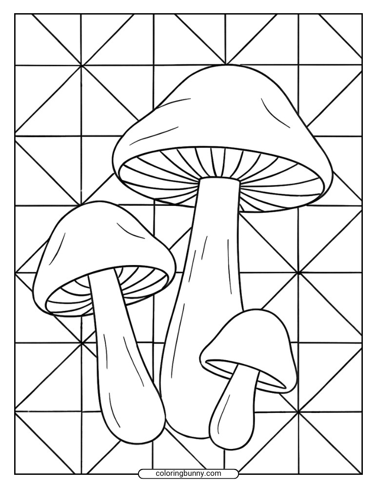 Mushrooms coloring page featuring mushrooms in front of a clean geometric background made of large triangles and squares.