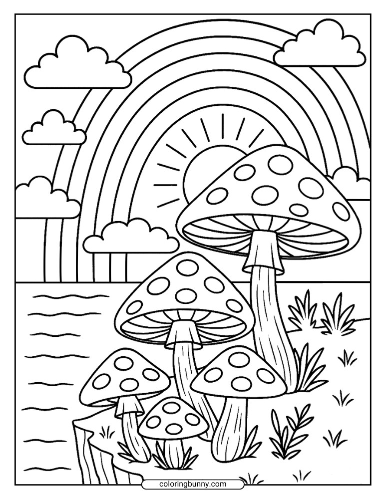 Coloring page with mushrooms growing on a cliff edge, rainbow in the sky, clouds overhead, and water below.