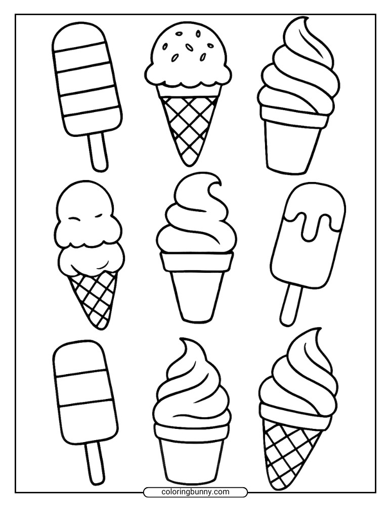 Portrait black and white ice cream coloring sheet showing nine different ice cream and popsicle styles, including soft serve, scoops in cones, and dipped frozen treats.