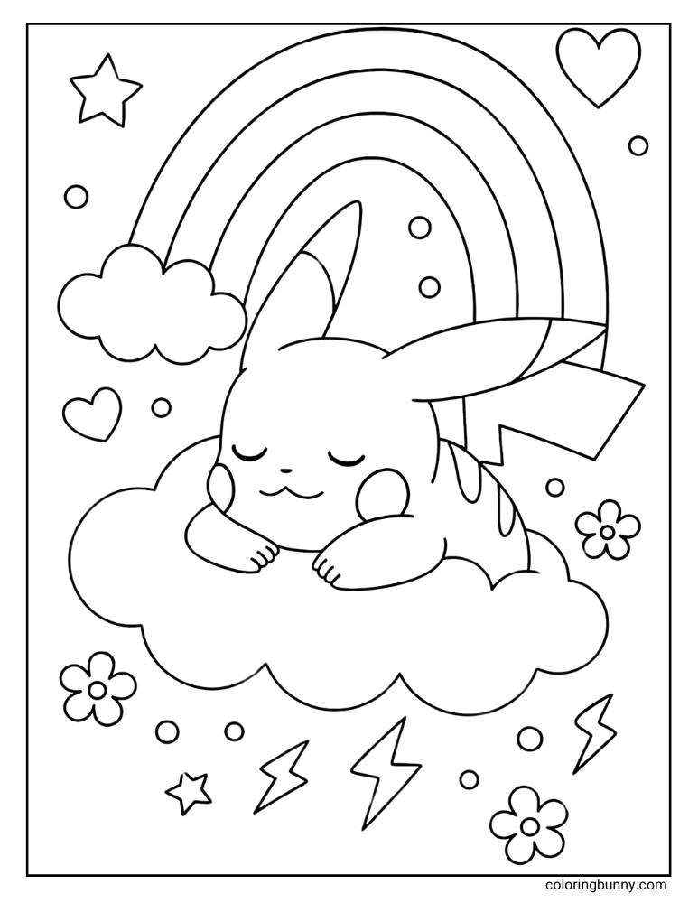 PIkachu coloring page with Pikachu asleep on a cloud and a rainbow in the background