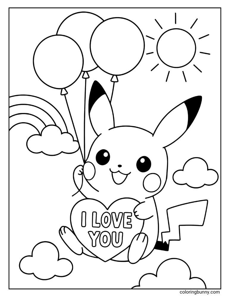 PIkachu floating in the sky with ballons coloring page