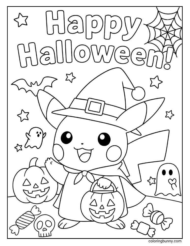 Pikachu Halloween coloring page with pumpkins, bats, ghosts and candy