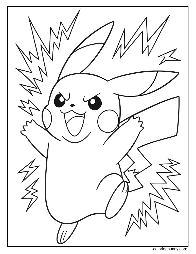 Pikachu coloring page with electricity bolts