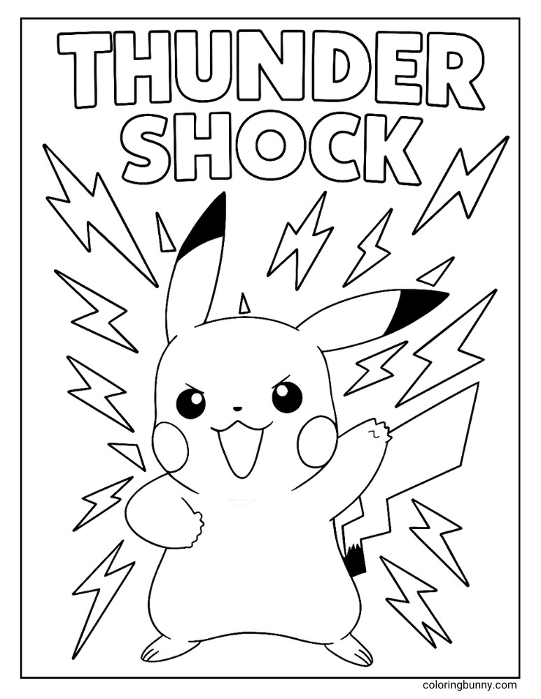 Pikachu Thunder Shock move with lightening bolts coloring page