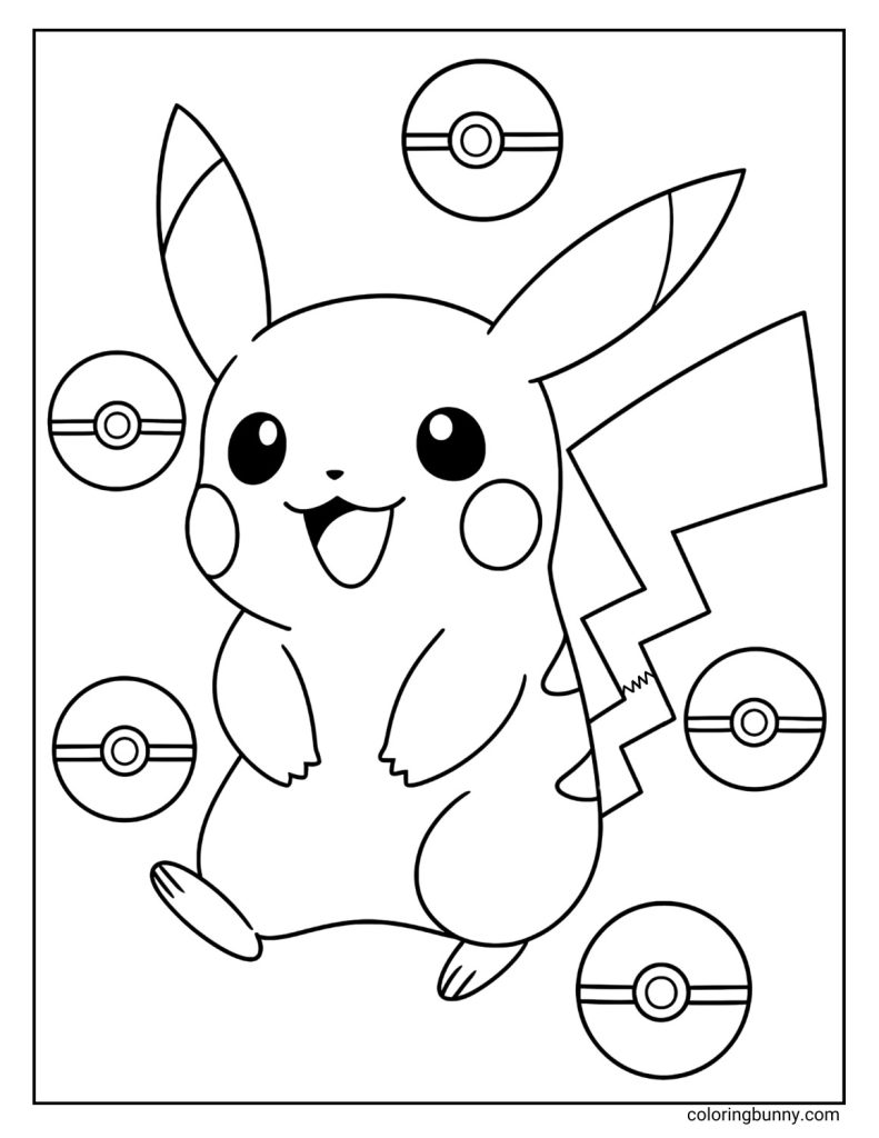 Pikachu coloring page with Poke Balls