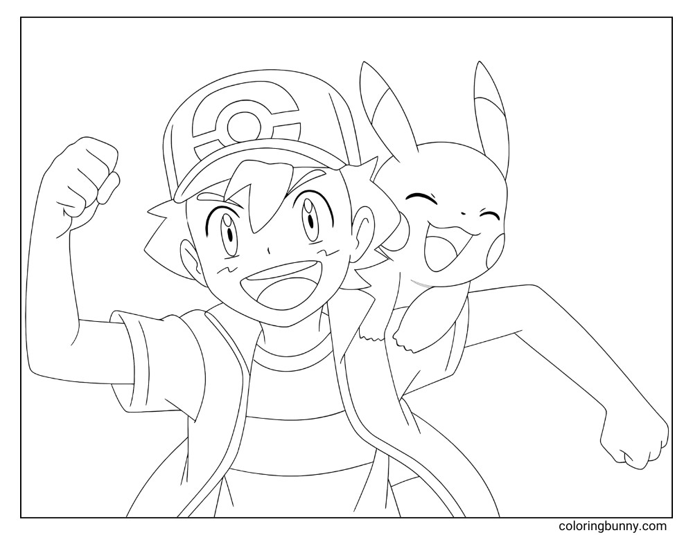 Pikachu and Ash coloring page with them both running and having fun