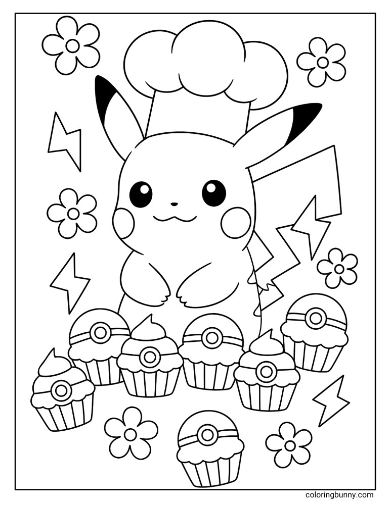 Pikachu coloring page of Pikachu with a bakers hat on and Poke Ball cupcakes