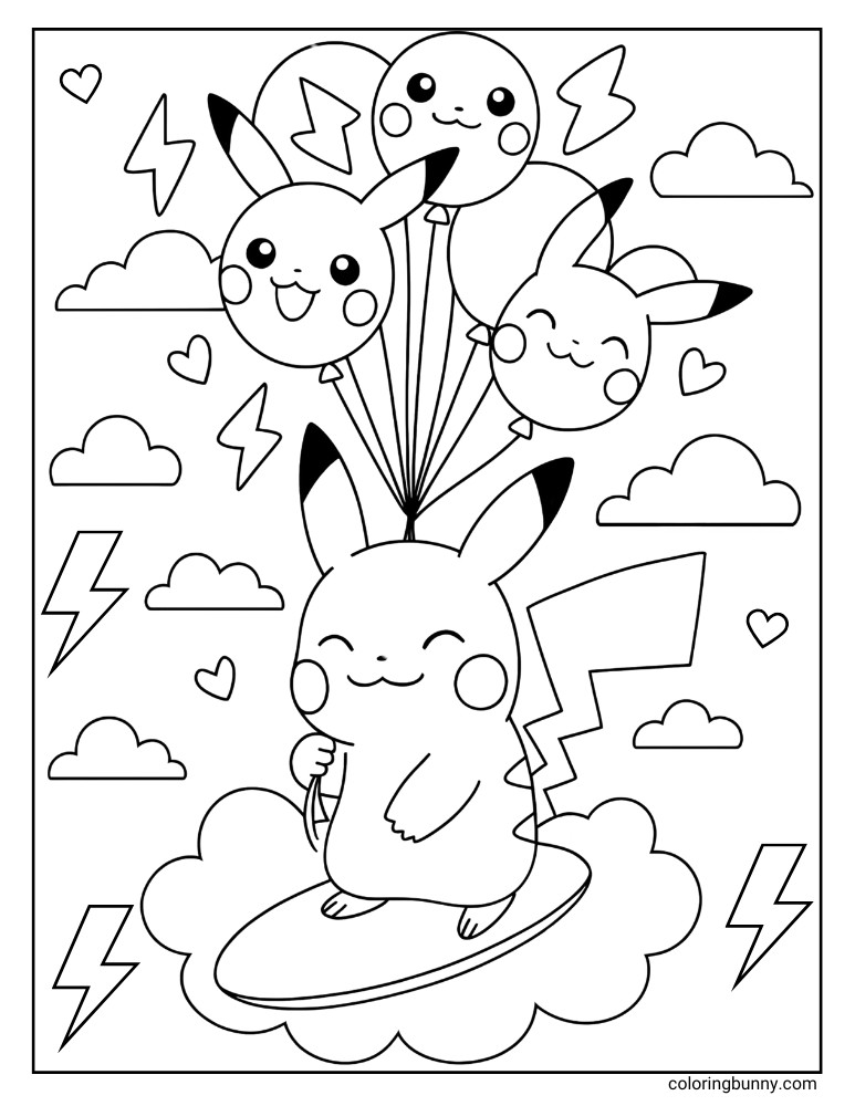 Pikachu coloring page of Pikachu floating in the sky with balloons