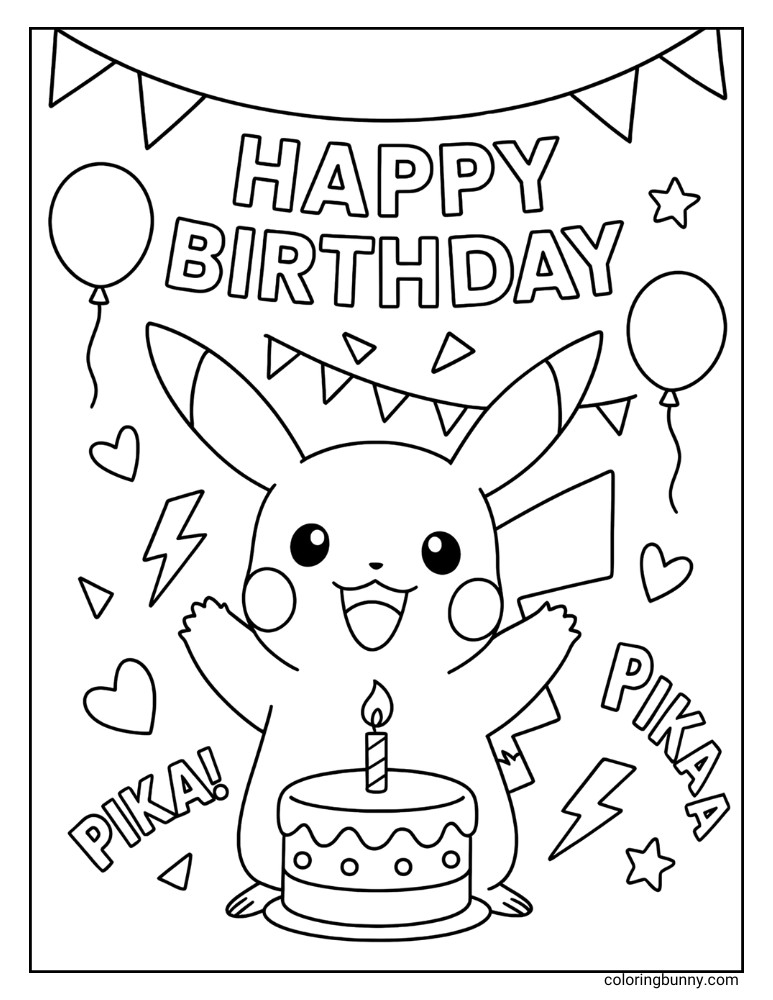 Pikachu Happy Birthday Coloring Page With Balloons and Cake