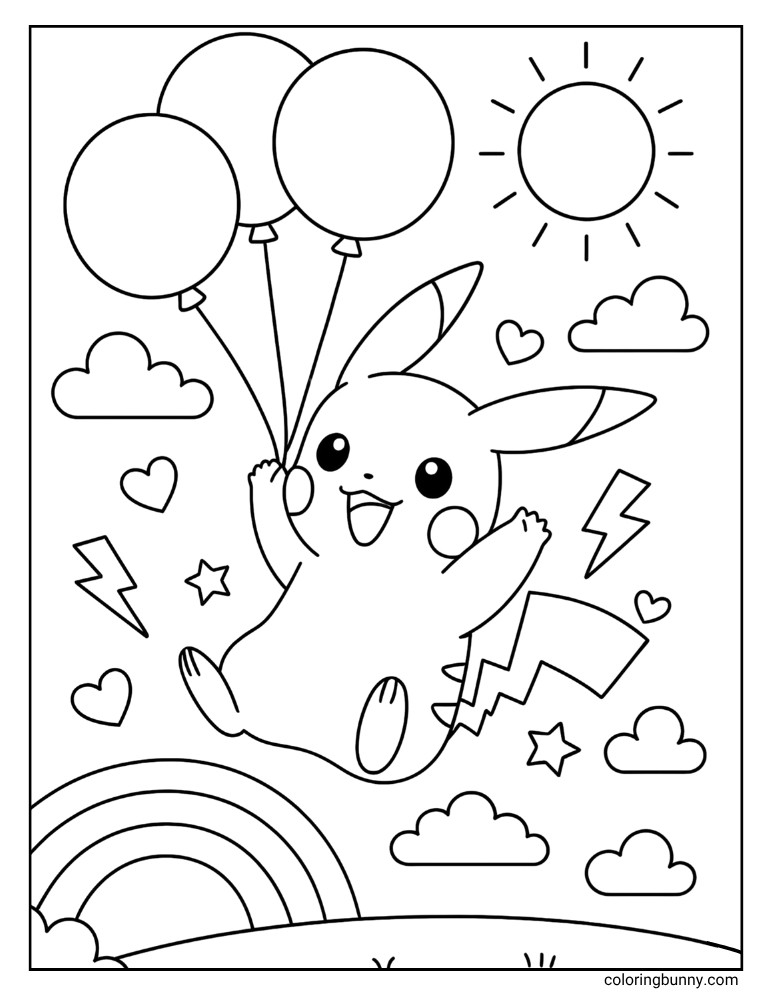 Pikachu having fun and floating with balloons coloring page