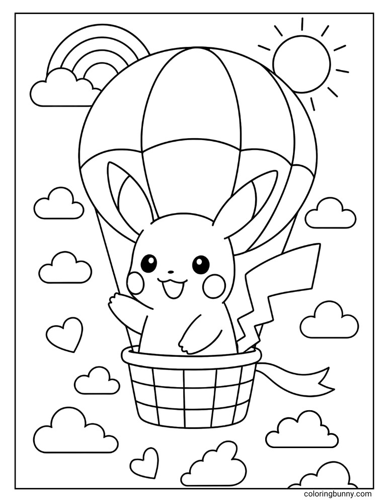 Pikachu coloring page with Pikachu in a hot air balloon