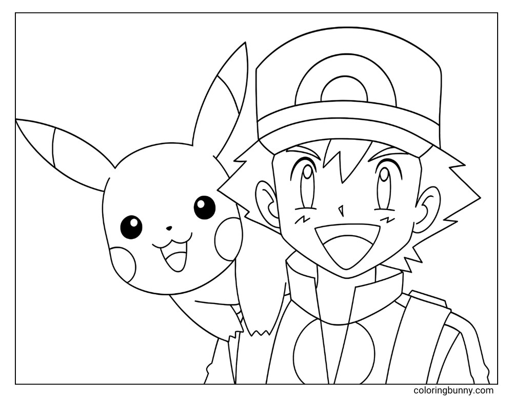 Pikachu and Ash Pokemon coloring with Pikachu on Ash's shoulder