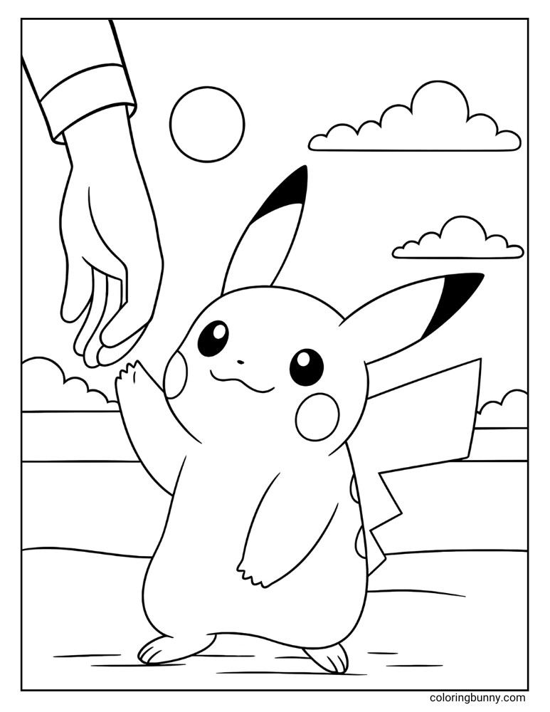 Pikachu coloring page with Pikachu reaching up to hold a hand
