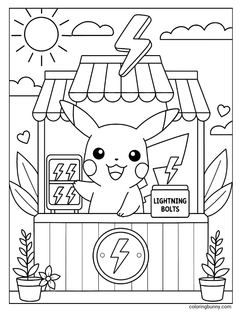 Pikachu coloring page of Pikachu selling lightning bolts at a stall
