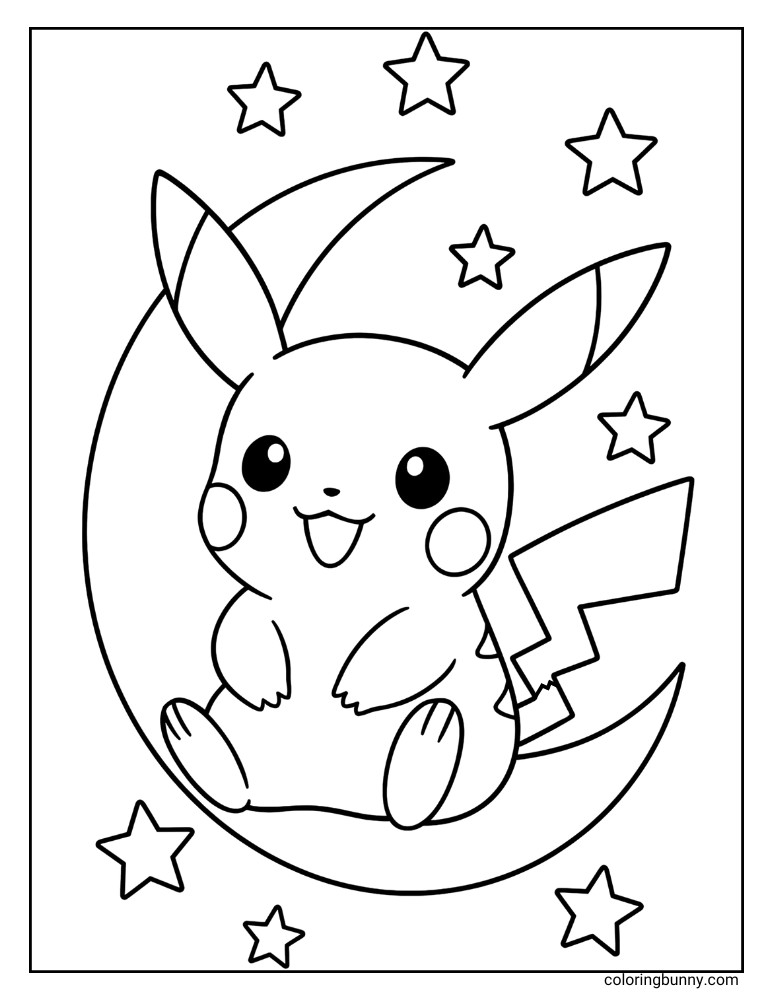 Pikachu coloring page with Pikachu sitting on a cresent moon with stars
