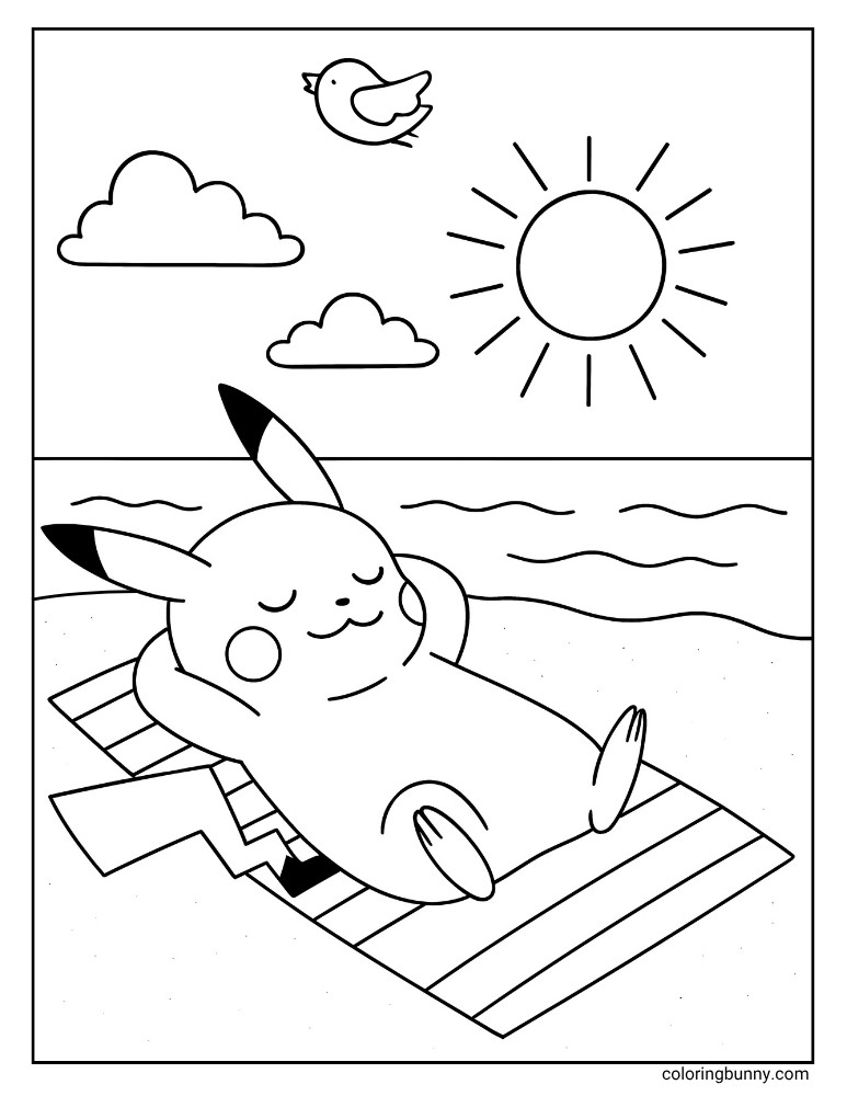 Pikachu coloring page with Pikachu sunbathing on a beach