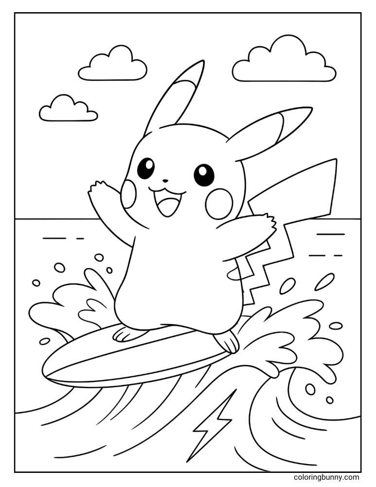 Coloring page of Pikachu surfing a wave