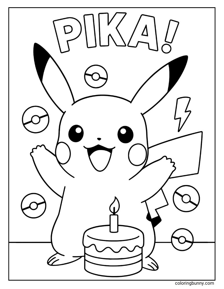 Happy Pikachu standing with a birthday cake and surrounded by Poké Balls, lightning bolts, and the word "PIKA!" above.