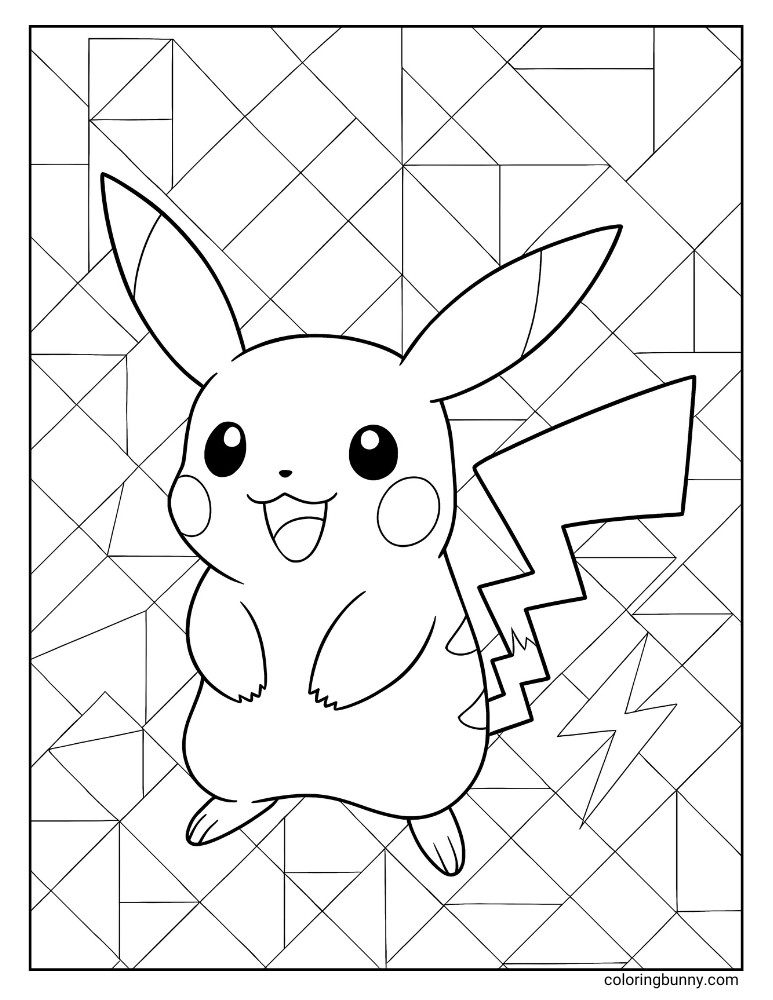 Pikachu coloring page with a simple geometric background