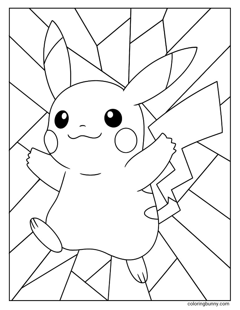 Pikachu coloring page with a stained glass style background