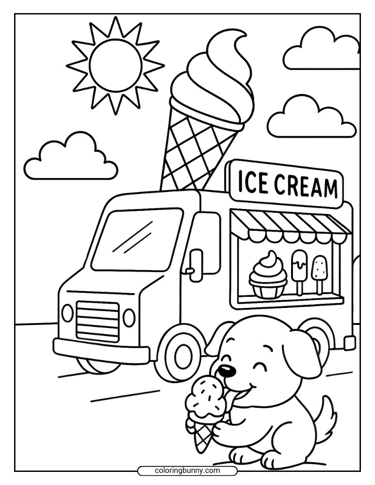 Ice cream truck coloring page with happy puppy eating a cone under a bright sun.