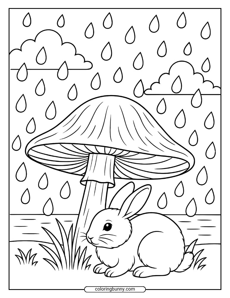 Mushroom coloring page of a bunny taking cover under a mushroom during a rainstorm, with raindrops, clouds, and grass around it.