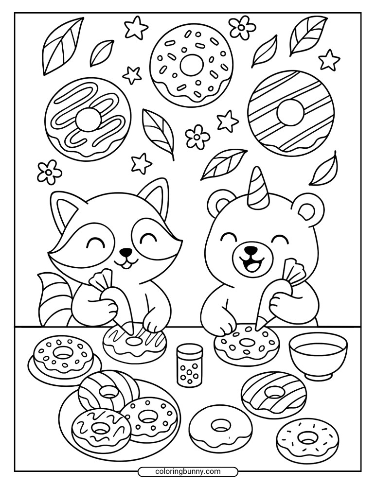 Donut coloring page of a raccoon and unicorn bear happily decorating donuts at a table, with frosted donuts, sprinkles, stars, and leaves filling the background