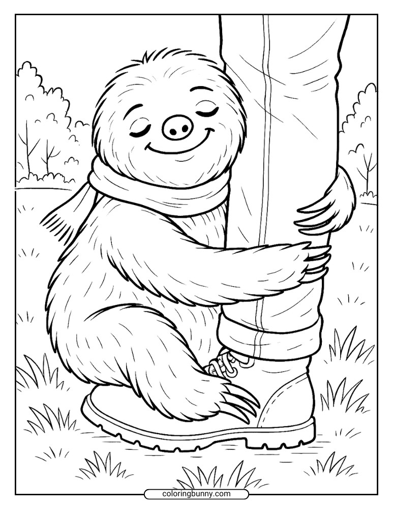 Line art of a realistic-style sloth wearing a scarf, hugging a person’s leg while standing on grass.