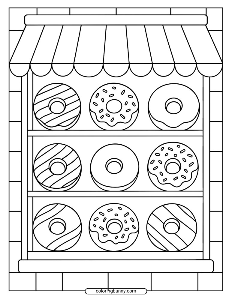 Donut coloring page of a bakery shop window with three shelves of frosted donuts in striped, sprinkled, and glazed designs under a striped awning.