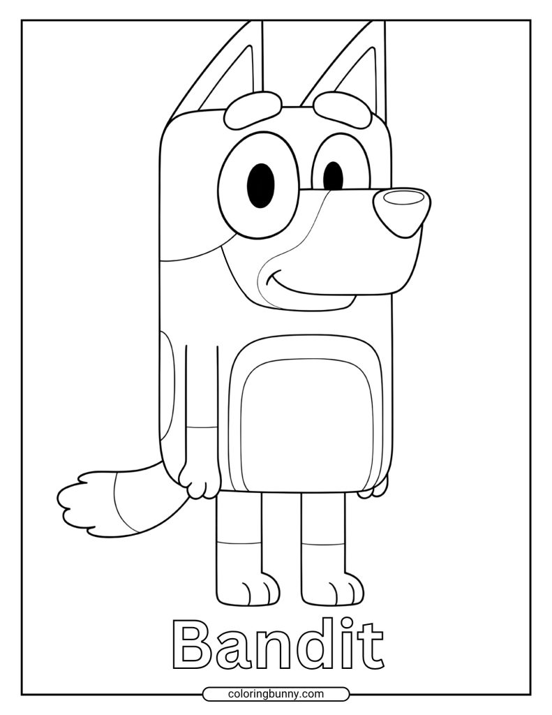 Bandit coloring page with Bandit smiling with a slightly mischievous expression, and his name "Bandit" written below.