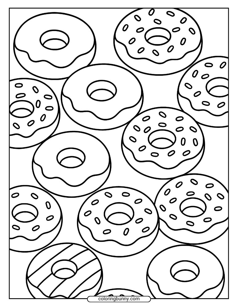 Donut coloring sheet showing multiple rows of simple frosted donuts with sprinkles and plain glaze in a neat wallpaper-style arrangement