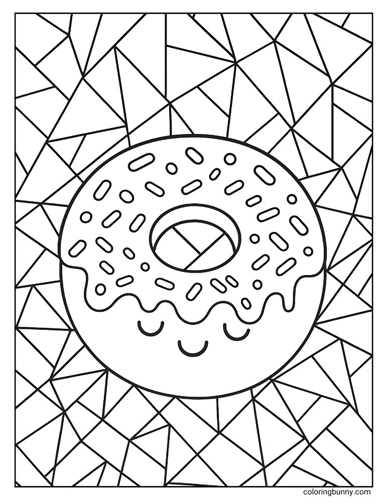 Donut coloring page with a smiling frosted donut topped with sprinkles, set against a detailed geometric background of intersecting shapes