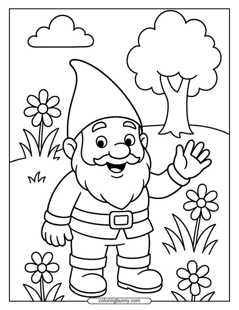 Line art of a gnome waving, standing in a garden with flowers, a tree, and clouds in the background.
