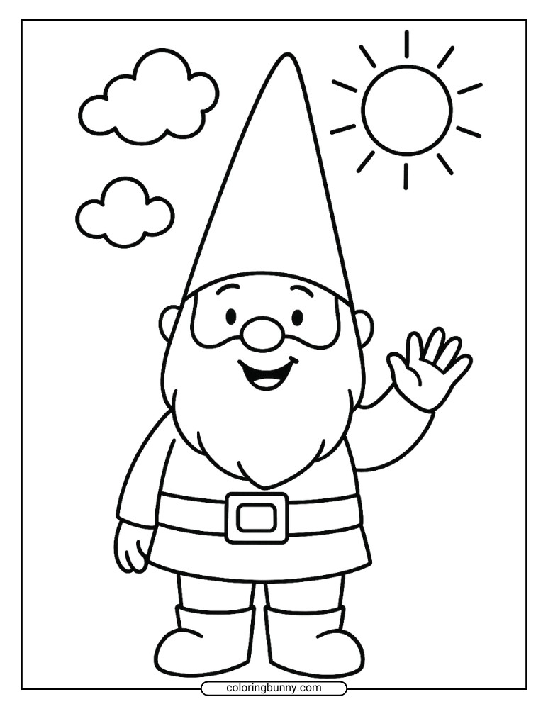 Simple gnome coloring page with a smiling gnome waving, wearing a tall pointed hat, with the sun and clouds in the background.