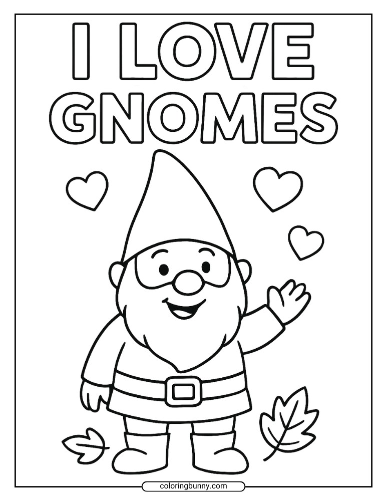 Line art of a smiling gnome waving, surrounded by hearts and leaves, with the words “I Love Gnomes” at the top.