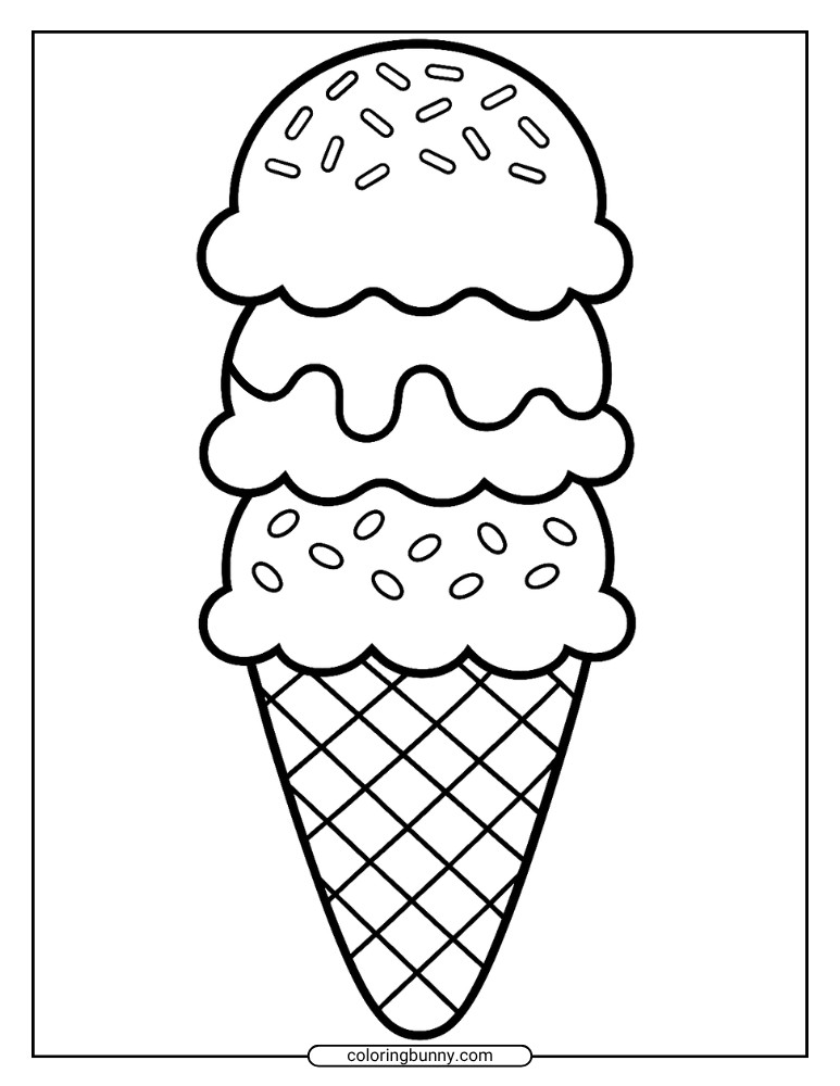 Simple coloring page showing a single waffle cone holding three rounded ice cream scoops, the top scoop sprinkled, in a clean, easy-to-color design.