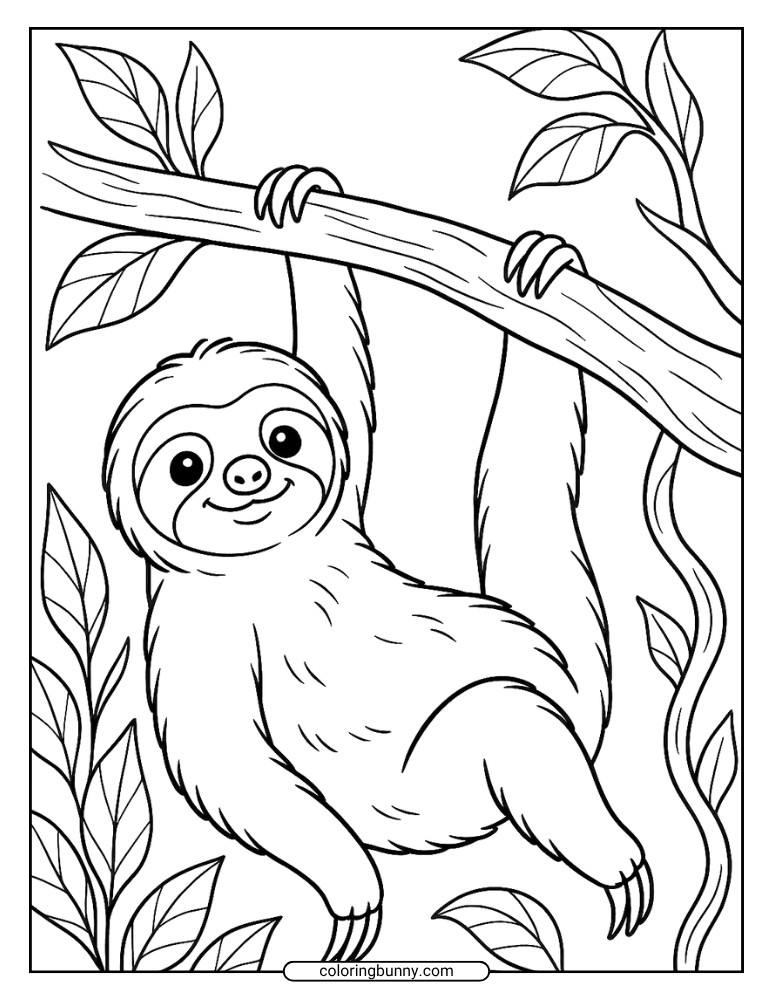 Cute sloth hanging from a tree branch in a black and white jungle-themed coloring page.