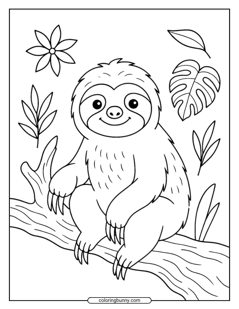 Coloring page of a Simple Sloth Sitting on a Branch