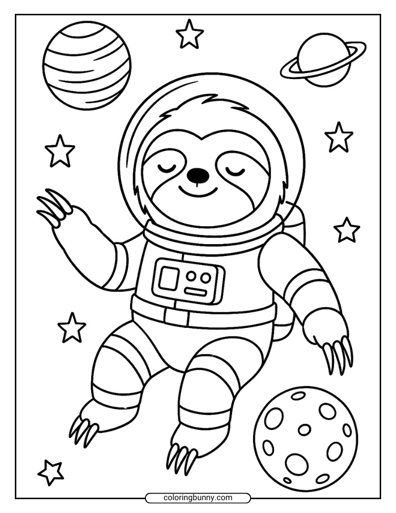Coloring page of a cute sloth astronaut in a space suit floating among stars and planets.
