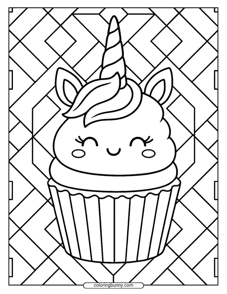 Coloring sheet of a unicorn cupcake with a swirled horn and geometric patterned background for added contrast.