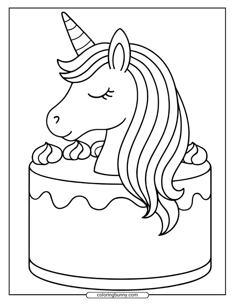A unicorn cake coloring page with a side-view unicorn head, long flowing mane, and piped swirls decorating the cake’s top.