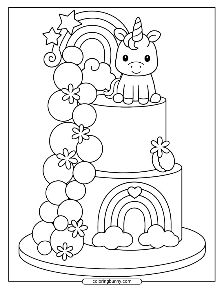 Coloring page of a two-tier unicorn cake topped with a unicorn figure and rainbow, with balloons and flowers as accents
