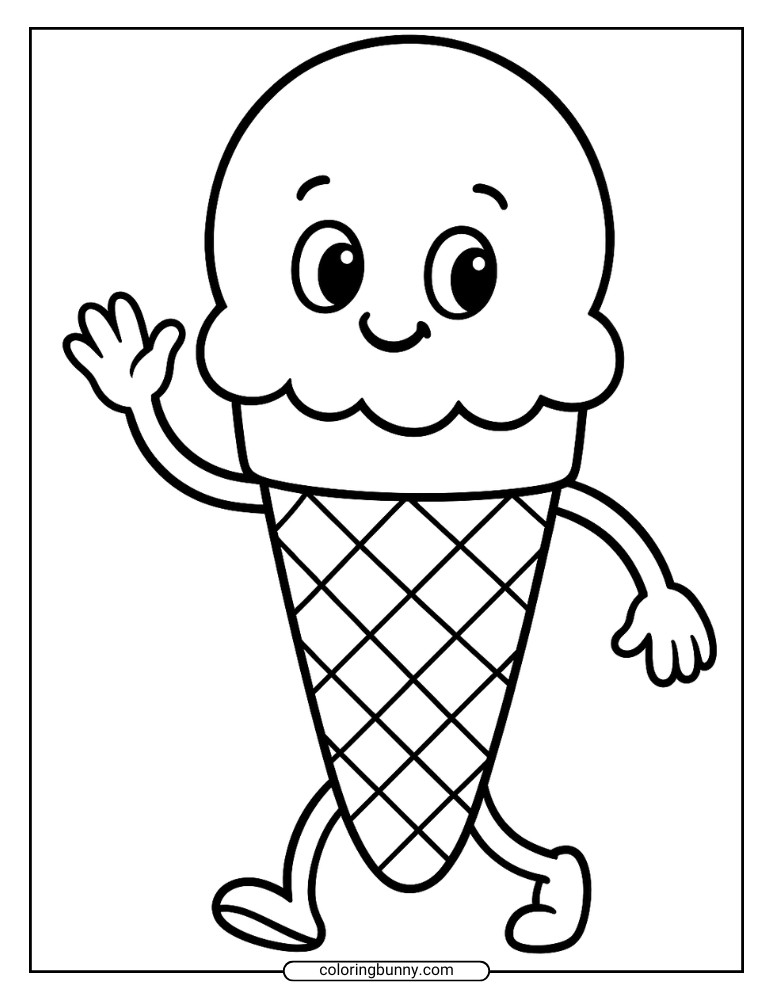Fun ice cream coloring page with a smiling cone character walking with arms and legs.