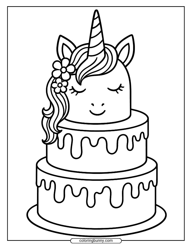Coloring sheet of a two-tier unicorn cake with dripping frosting, topped by a smiling unicorn head and floral hair detail.